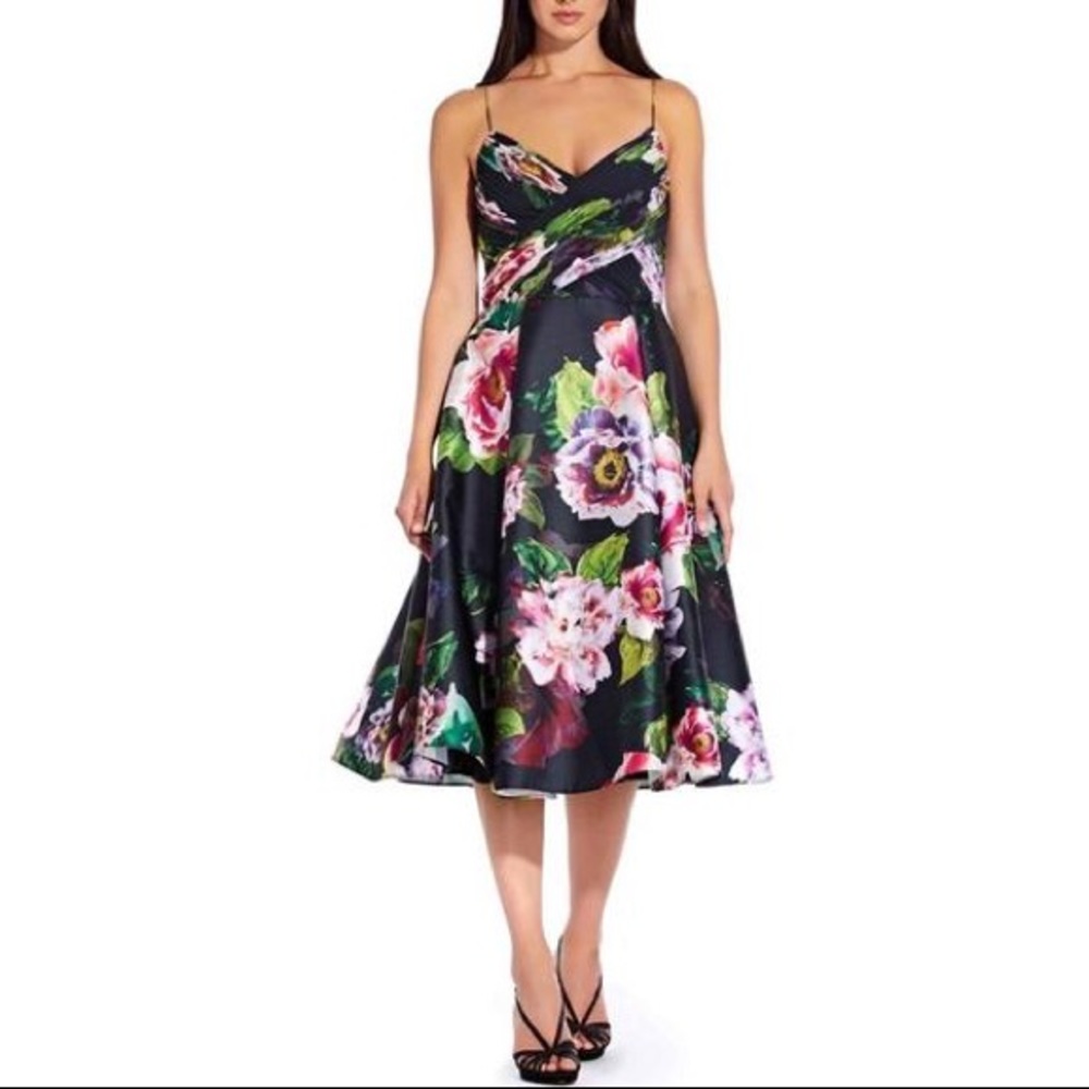 Adrianna Papell Floral Midi Dress - Black and Pink